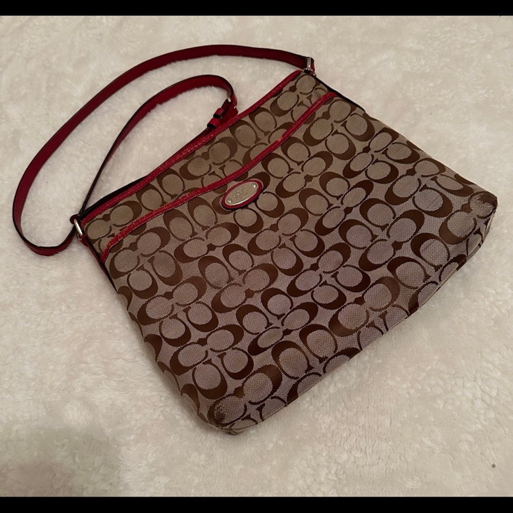 Coach Brown Signature Canvas Crossbody with Red Trim